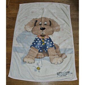 VTG Sue Hall Brown Puppy Dog Blanket 38x55 Blue Shirt Yellow Button